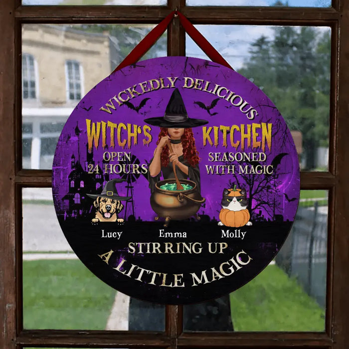 Personalized Witch Circle Door Sign - Halloween/ Witch/ Pagan/ Wicca Decor/Pet Lovers Gift With Upto 6 Pets - Wickedly Delicious Witch's Kitchen