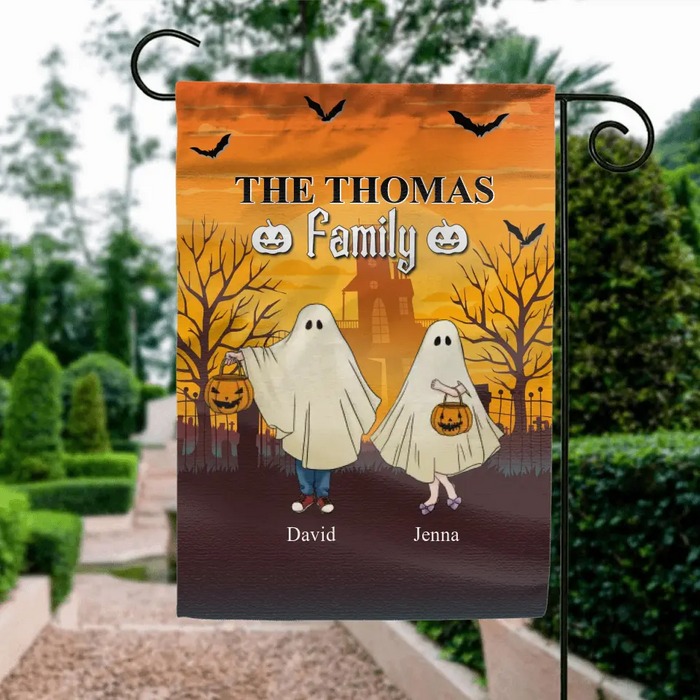 Personalized Halloween Ghost Flag Sign - Halloween Gift For Couple/Family - Upto 5 People With 4 Pets - The Thomas Family