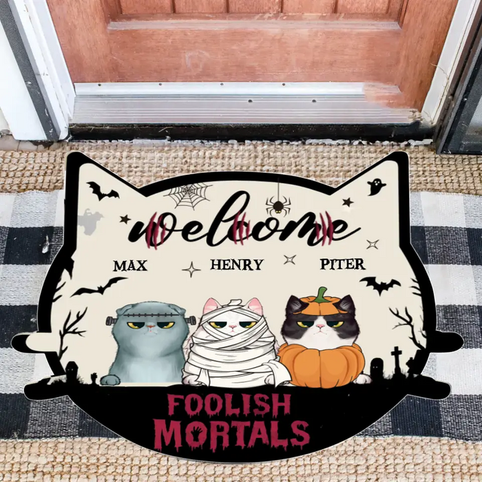 Personalized Cat Doormat - Gift Idea For Halloween/ Cat Lovers with up to 3 Cats - Welcome Foolish Mortals