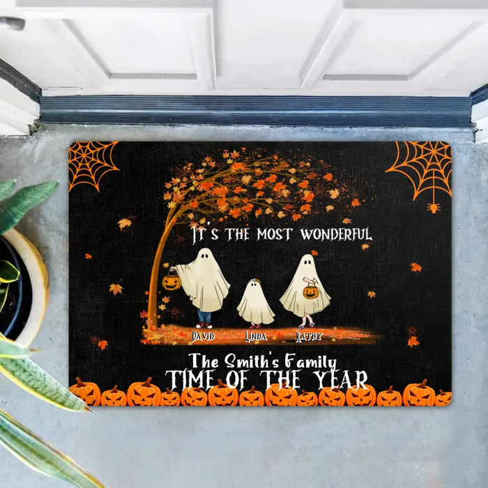 Personalized Halloween Ghost Family Doormat - Halloween Gift For Couple/Family - Upto 6 People With 3 Pets - It's The Most Wonderful Time Of The Year