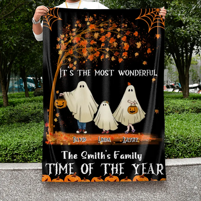 Personalized Halloween Ghost Family Flag Sign - Halloween Gift For Couple/Family - Upto 6 People With 3 Pets - It's The Most Wonderful Time Of The Year