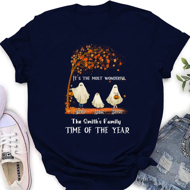 Personalized Halloween Ghost Family Shirt/Hoodie - Halloween Gift For Couple/Family - Up to 6 People With 3 Pets - It's The Most Wonderful Time Of The Year