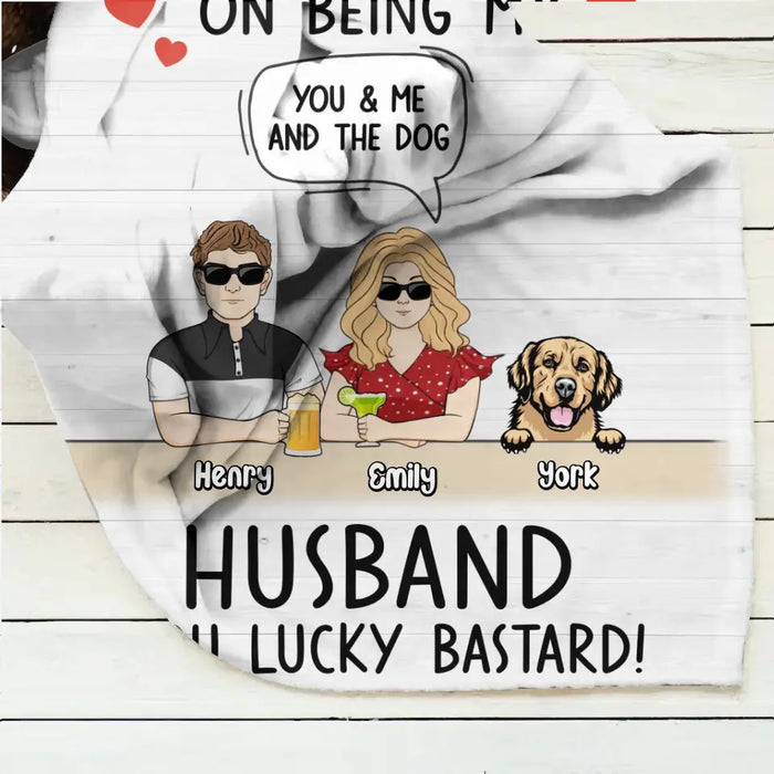 Custom Personalized Couple Quilt/Single Layer Fleece Blanket -  Couple With Upto 4 Dogs - Gift Idea For Husband From Wife - Congrats On Being My Husband You Lucky Bastard