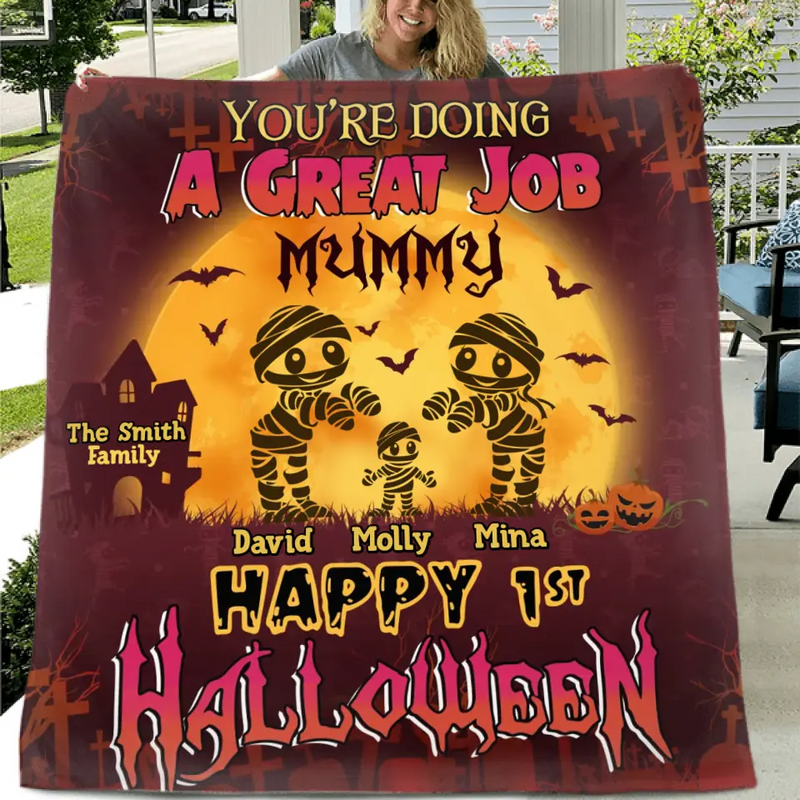 Personalized 1st Halloween Fleece Throw Blanket/Quilt -  Halloween Gift Idea For Family - You're Doing A Great Job Mummy Happy 1st Halloween