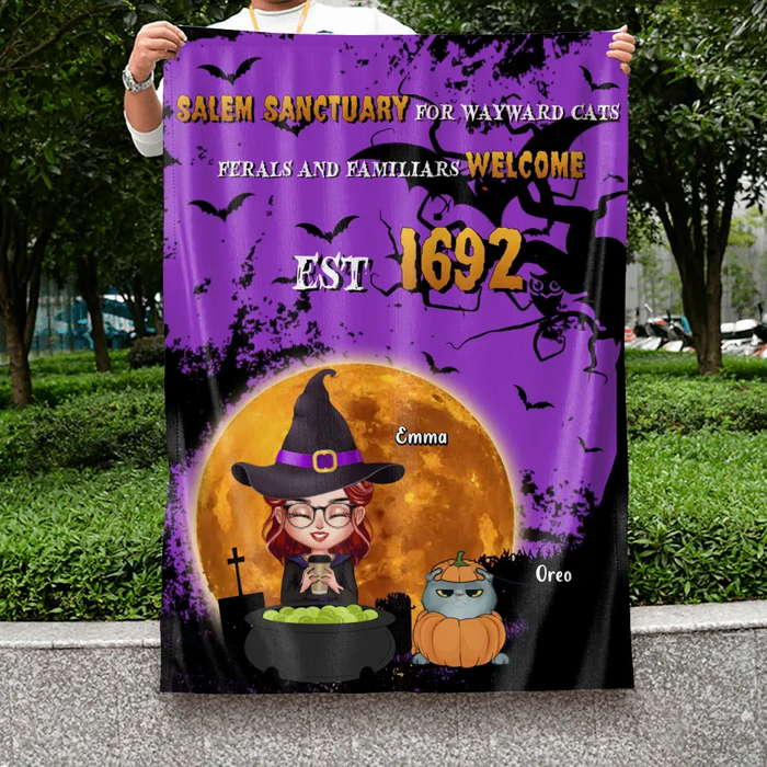 Custom Personalized Wicked Witch Flag Sign - Halloween Gift For Couple/ Dog/Cat Lovers - Adult/ Couple With Upto 4 Pets - Salem Sanctuary For Wayward Cats Ferals And Familiars Welcome Est 1692