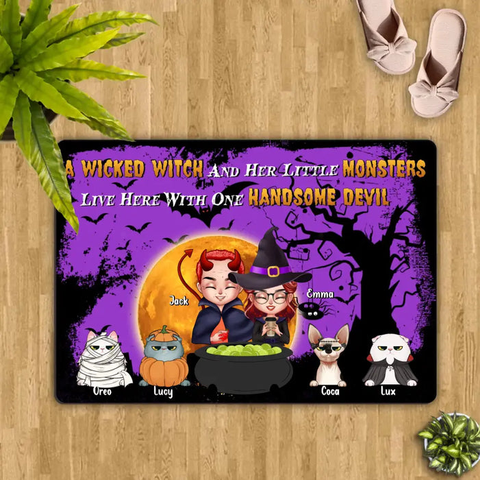 Custom Personalized Witch Doormat - Halloween Gift For Dog/Cat Lovers - Adult/ Couple With Upto 6 Pets - A Wicked Witch And Her Little Monsters Live Here