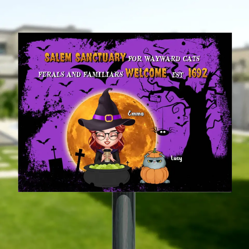 Personalized Witch Metal Sign - Halloween Gift For Dog/Cat Lovers - Adult/Couple With Up to 6 Pets - Salem Sanctuary For Wayward Cats Ferals And Familiars Welcome Est.1692