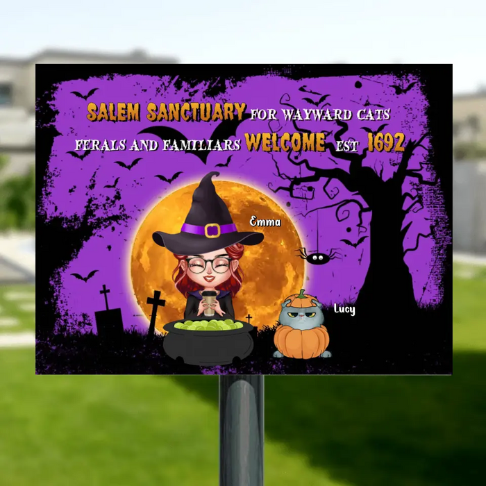 Custom Personalized Witch Metal Sign - Halloween Gift For Dog/Cat Lovers - Adult/ Couple With Upto 6 Pets - Salem Sanctuary For Wayward Cats Ferals And Familiars Welcome Est.1692