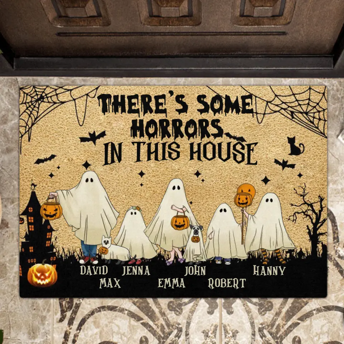 Personalized Halloween Ghost Family Doormat - Halloween Gift For Couple/Family - Upto 5 People With 4 Pets - There's Some Horrors In This House