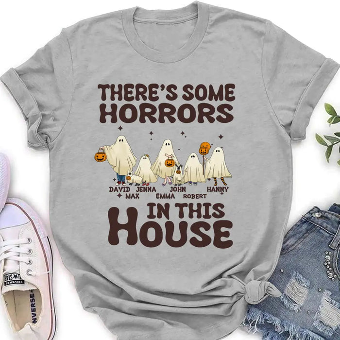 Personalized Halloween Ghost Family Shirt/Hoodie - Halloween Gift For Couple/Family - Upto 5 People With 4 Pets - There's Some Horrors In This House