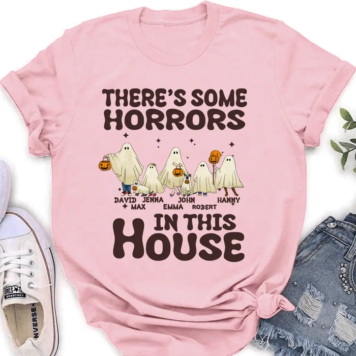 Personalized Halloween Ghost Family Shirt/Hoodie - Halloween Gift For Couple/Family - Upto 5 People With 4 Pets - There's Some Horrors In This House