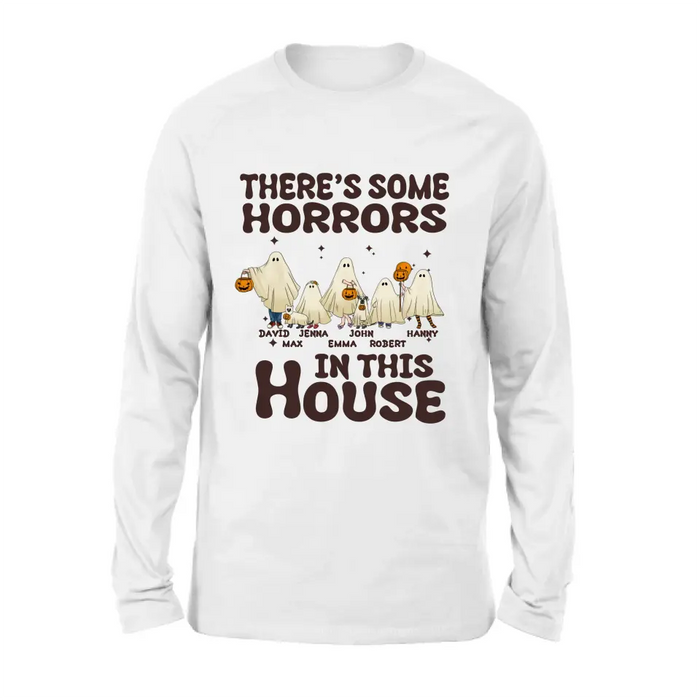 Personalized Halloween Ghost Family Shirt/Hoodie - Halloween Gift For Couple/Family - Upto 5 People With 4 Pets - There's Some Horrors In This House