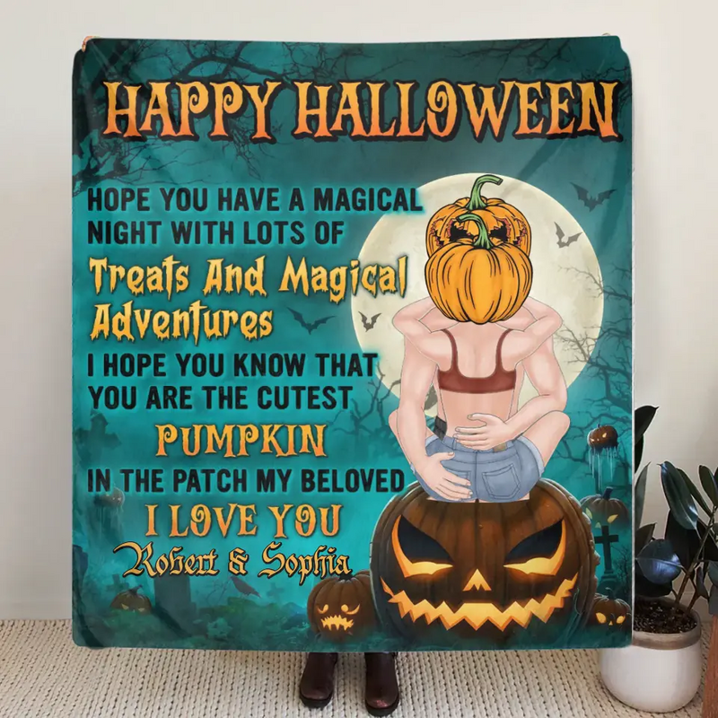 Personalized Couple Fleece Throw Blanket/Quilt - Halloween Gift Idea For Couple/Him & Her - Happy Halloween Hope You Have A Magical Night