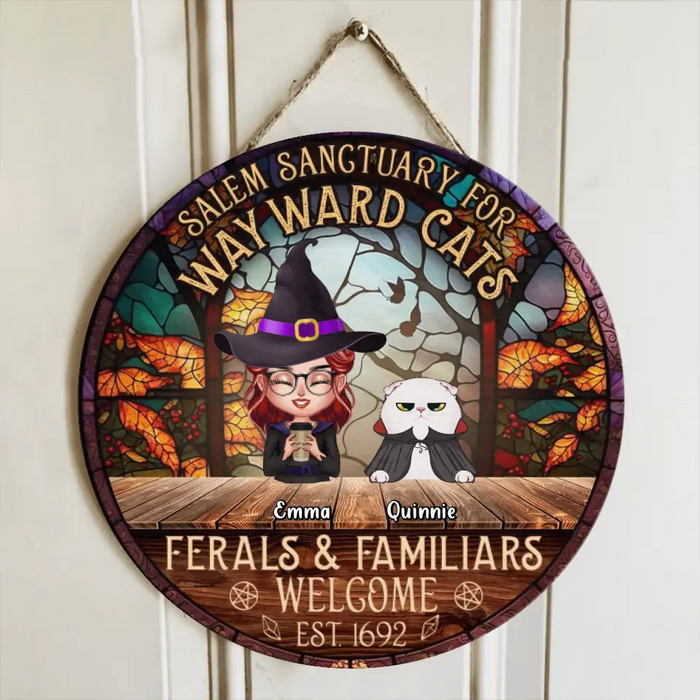 Custom Personalized Witch Wooden Sign - Single/Couple with Up to 6 Cats/Dogs - Gift Idea For Halloween/Wicca Decor/Pagan Decor - Salem Sanctuary For Wayward Cats