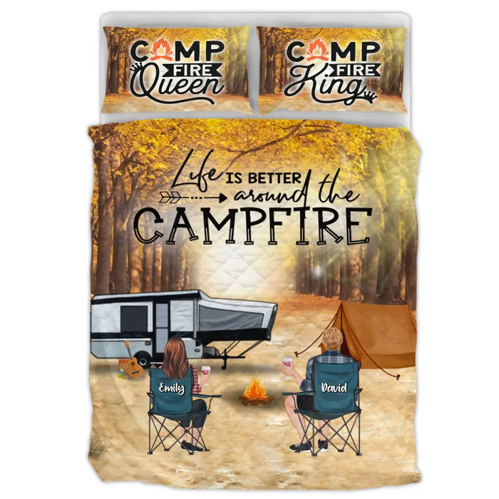 Custom Personalized Autumn Camping Quilt Bed Sets - Couple/ Parents With Upto 3 Kids And 4 Pets - Gift For Camping Lovers - Life Is Better Around The Campfire