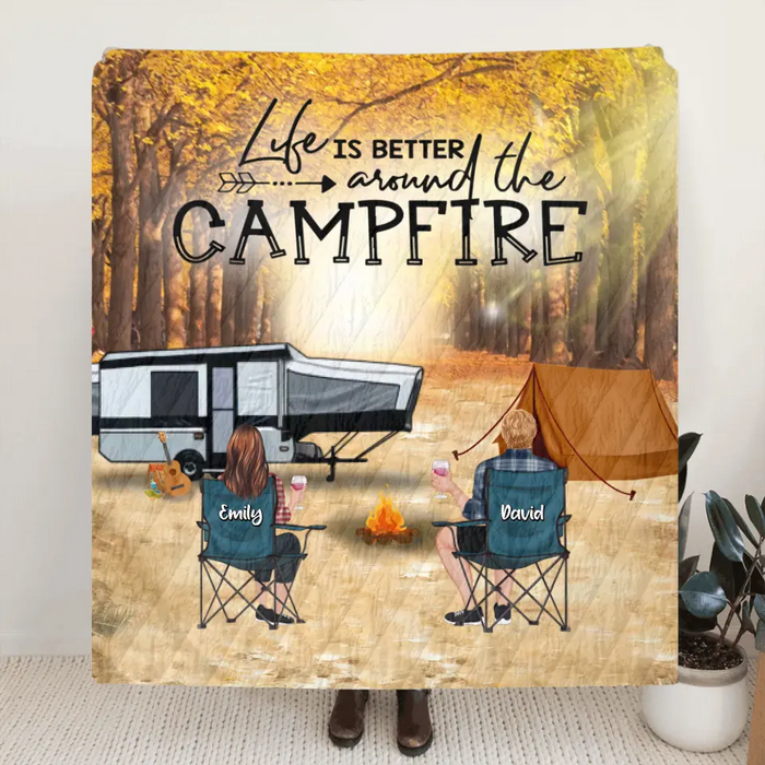 Custom Personalized Autumn Camping Single Layer Fleece/ Quilt Blanket - Couple/ Parents With Upto 3 Kids And 4 Pets - Gift For Camping Lovers - Life Is Better Around The Campfire