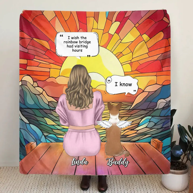 Personalized Memorial Dog Mom Quilt/Fleece Throw Blanket - Up to 4 Dogs - Memorial Gift Idea For Dog Owners - I Wish The Rainbow Bridge Had Visiting Hours