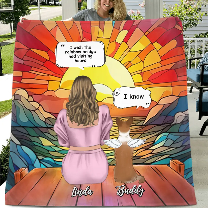Personalized Memorial Dog Mom Quilt/Fleece Throw Blanket - Up to 4 Dogs - Memorial Gift Idea For Dog Owners - I Wish The Rainbow Bridge Had Visiting Hours