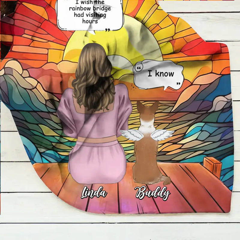 Personalized Memorial Dog Mom Quilt/Fleece Throw Blanket - Up to 4 Dogs - Memorial Gift Idea For Dog Owners - I Wish The Rainbow Bridge Had Visiting Hours