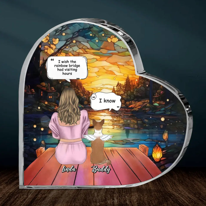 Personalized Memorial Dog Mom Crystal Heart - Upto 4 Dogs - Memorial Gift Idea For Dog Owners - I Wish The Rainbow Bridge Had Visiting Hours