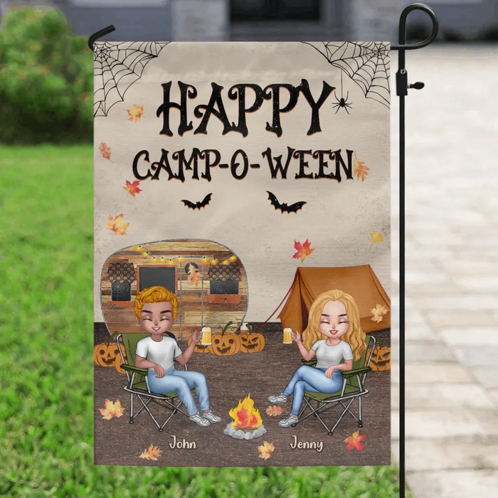 Custom Personalized Halloween Camping Flag Sign - Upto 7 People - Halloween/ Autumn Gift Idea for Camping Lovers/ Couple/ Friends - Happy Camp-O-Ween