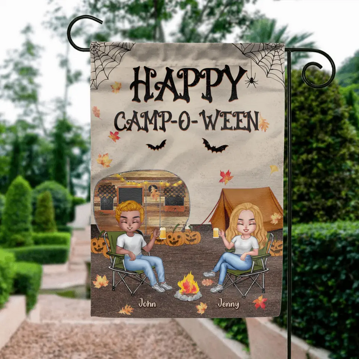 Custom Personalized Halloween Camping Flag Sign - Upto 7 People - Halloween/ Autumn Gift Idea for Camping Lovers/ Couple/ Friends - Happy Camp-O-Ween