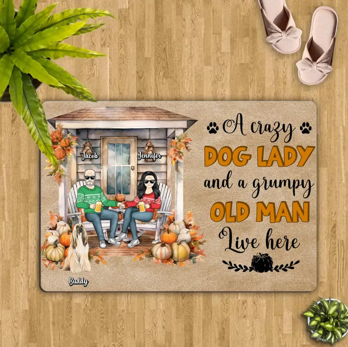 Custom Personalized Autumn Couple Doormat - Upto 6 Dogs - Autumn/Halloween Gift Idea for Couple/Dog Owners - A Crazy Dog Lady And A Grumpy Old Man Live Here