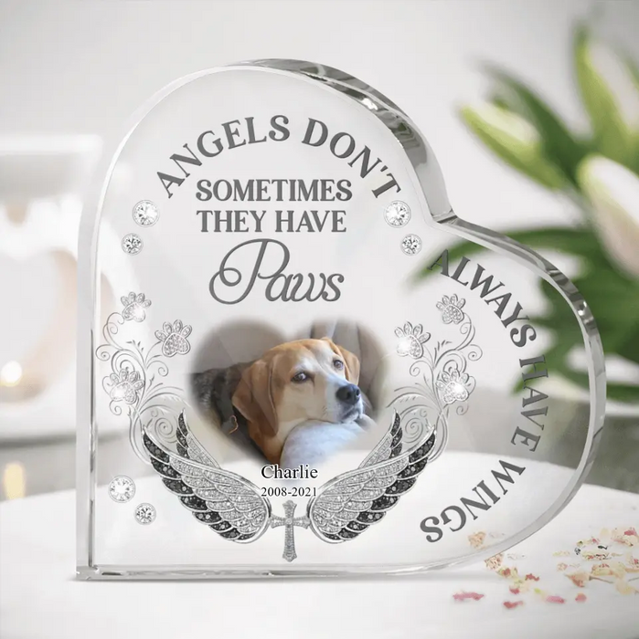 Personalized Memorial Pet Crystal Heart - Upload Dog/ Cat Photo - Memorial Gift Idea For Pet Owners - Angels Don't Always Have Wings Sometimes They Have Paws