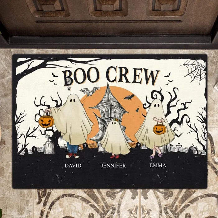 Custom Personalized Family Doormat - Upto 6 People & 3 Pets - Halloween Gift Idea for Family - Boo Crew