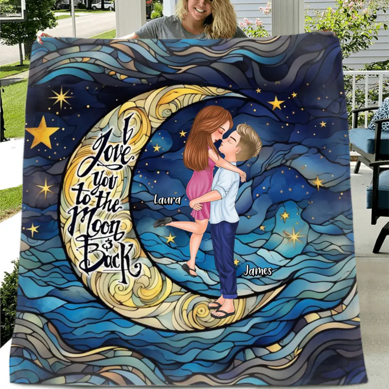 Personalized Single Layer Fleece/ Quilt Blanket - I Love You To The Moon & Back - Gift Idea For Couple/ Anniversary