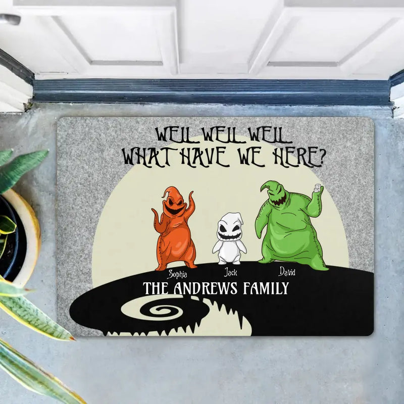Personalized Oogie Boogie Family Doormat - Up to 3 Kids - Funny Halloween Gift Idea For Family - Well Well Well What Have We Here