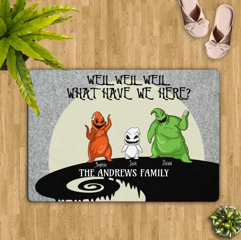 Personalized Oogie Boogie Family Doormat - Up to 3 Kids - Funny Halloween Gift Idea For Family - Well Well Well What Have We Here