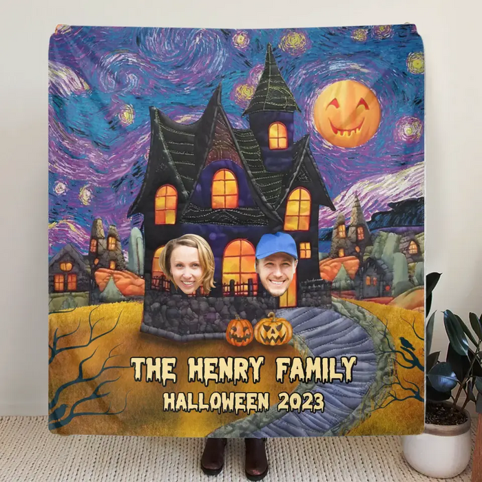 Custom Personalized Halloween Family Quilt/Single Layer Fleece Blanket - Upload Upto 9 Photos - Gift Idea For Halloween/Family - Halloween 2023