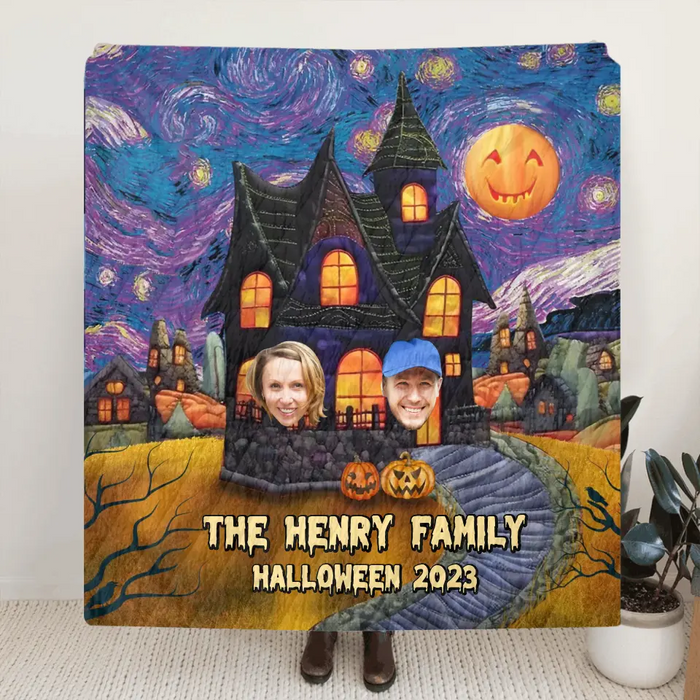 Custom Personalized Halloween Family Quilt/Single Layer Fleece Blanket - Upload Upto 9 Photos - Gift Idea For Halloween/Family - Halloween 2023