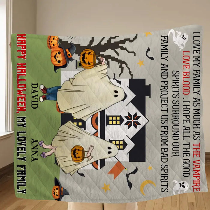 Personalized Halloween Ghost Family Quilt/Single Layer Fleece Blanket - Halloween Gift For Couple/Family - Upto 5 People With 4 Pets - I Love My Family