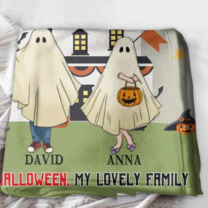 Personalized Halloween Ghost Family Quilt/Single Layer Fleece Blanket - Halloween Gift For Couple/Family - Upto 5 People With 4 Pets - I Love My Family