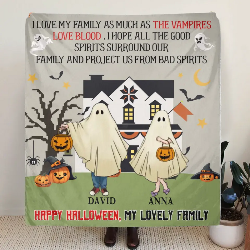 Personalized Halloween Ghost Family Quilt/Fleece Throw Blanket - Halloween Gift For Couple/Family - Up to 5 People With 4 Pets - I Love My Family