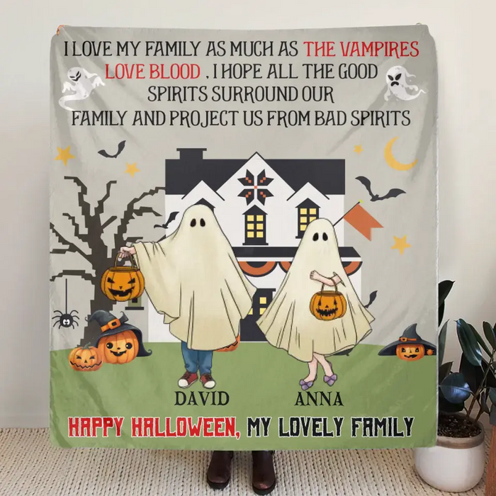 Personalized Halloween Ghost Family Quilt/Single Layer Fleece Blanket - Halloween Gift For Couple/Family - Upto 5 People With 4 Pets - I Love My Family