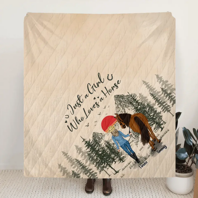 Personalized Horse Girl Quilt/Fleece Throw Blanket - Gift Idea For Horse Lovers - Up To 6 Horses - Just A Girl Who Loves A House
