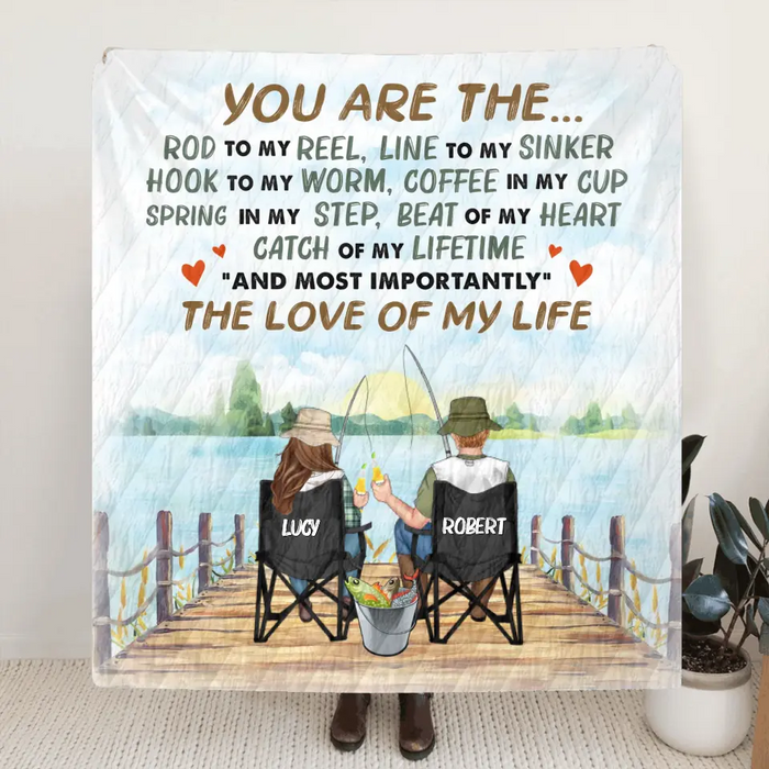 Custom Personalized Fishing Couple Quilt/Single Layer Fleece Blanket - Gift Idea for Couple - You Are The Rod To My Reel