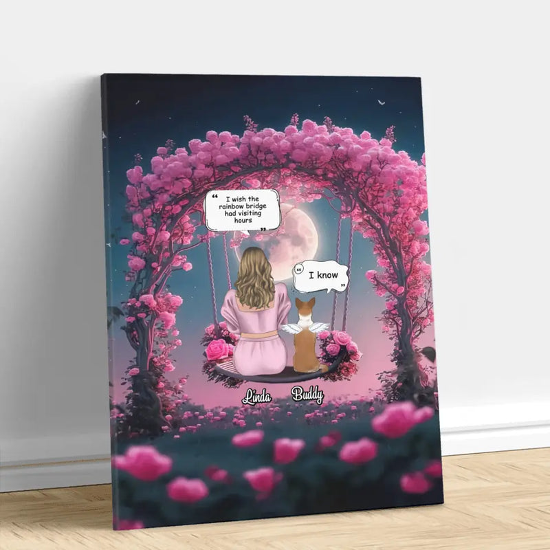 Personalized Memorial Dog Mom Vertical Canvas - Up to 4 Dogs - Memorial Gift Idea For Dog Owners - I Wish The Rainbow Bridge Had Visiting Hours