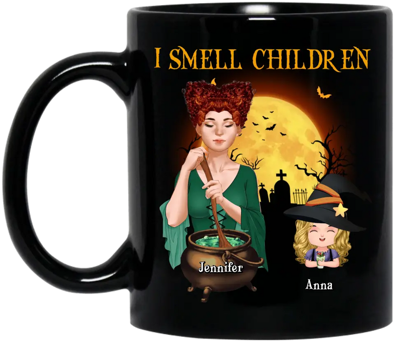 Custom Personalized Grandma Witch Coffee Mug - Halloween Gift Idea For Grandma/ Mother - Woman With Upto 6 Kids - I Smell Children