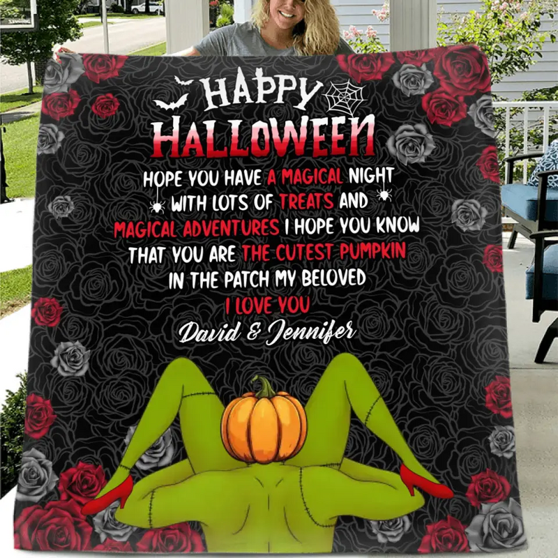 Personalized Halloween Fleece Throw Blanket/Quilt - Halloween Gift Idea For Couple - Happy Halloween