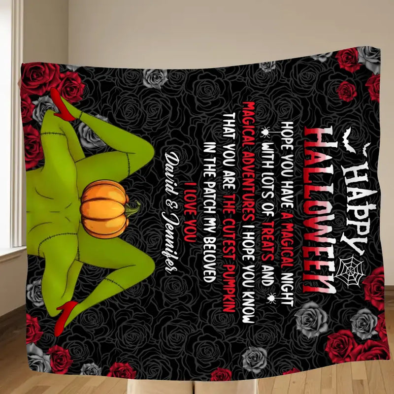Personalized Halloween Fleece Throw Blanket/Quilt - Halloween Gift Idea For Couple - Happy Halloween