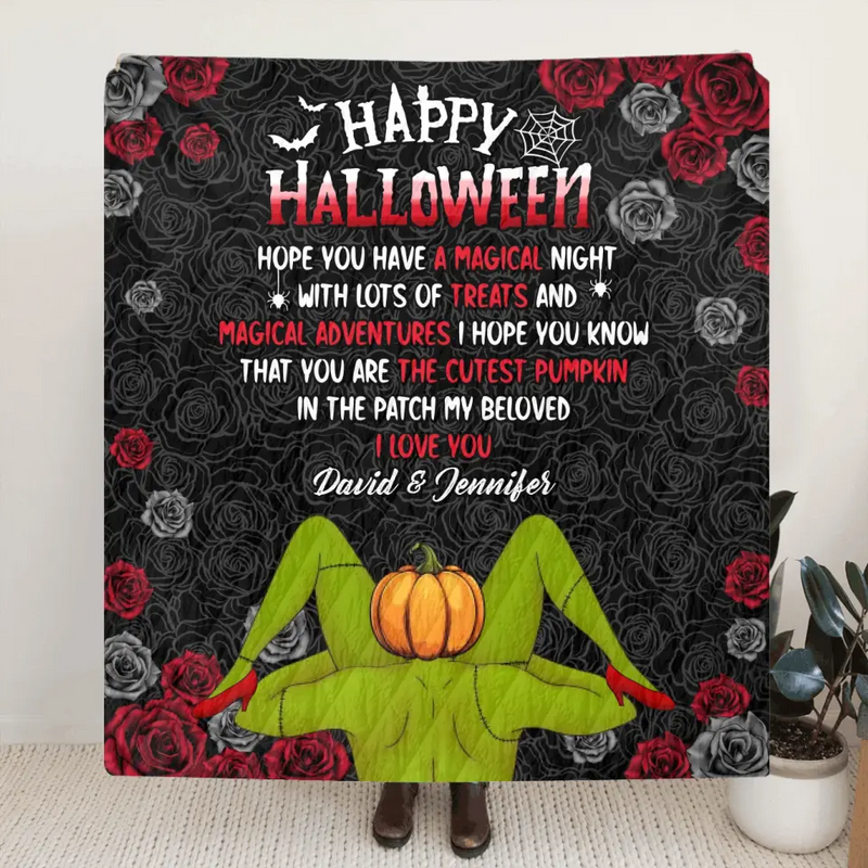 Personalized Halloween Fleece Throw Blanket/Quilt - Halloween Gift Idea For Couple - Happy Halloween