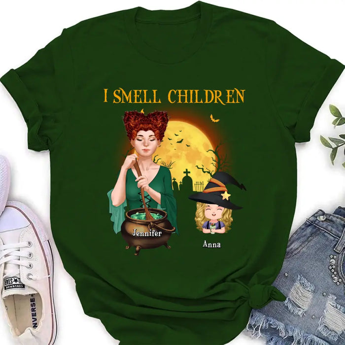 Custom Personalized Grandma Witch Shirt/ Hoodie - Halloween Gift Idea For Grandma/ Mother - Woman With Upto 6 Kids - I Smell Children