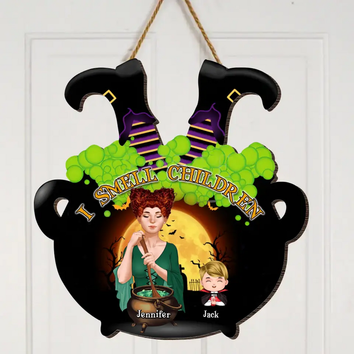 Custom Personalized Grandma Witch Wooden Sign - Halloween Gift Idea For Grandma/ Mother - Woman With Upto 6 Kids - I Smell Children