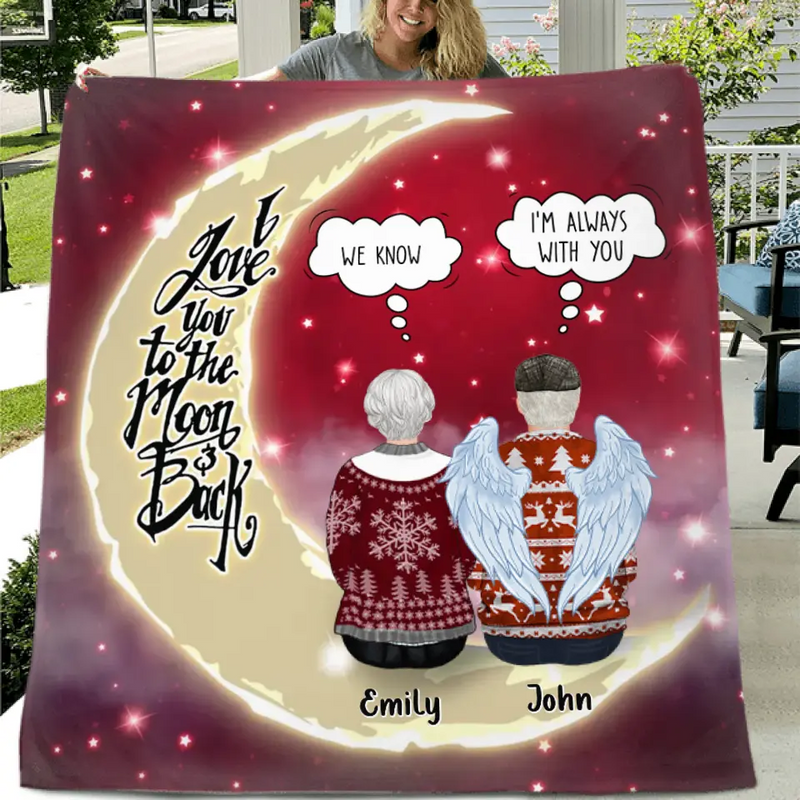 Personalized Memorial Pillow Cover/Quilt/Fleece Throw Blanket - Parents with up to 2 Children - Memorial Gift for Christmas - I Love You To The Moon & Back