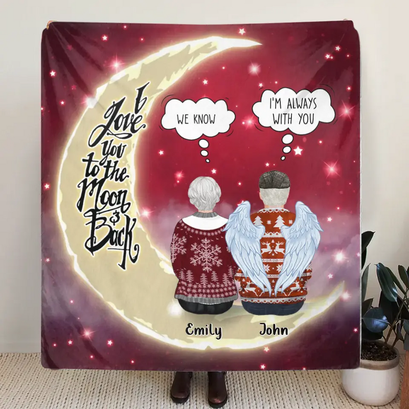 Personalized Memorial Pillow Cover/Quilt/Fleece Throw Blanket - Parents with up to 2 Children - Memorial Gift for Christmas - I Love You To The Moon & Back