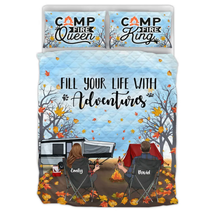 Custom Personalized Autumn Camping Quilt Bed Sets - Couple/ Parents With Upto 3 Kids And 3 Pets - Gift For Camping Lovers -Fill Your Life With Adventures